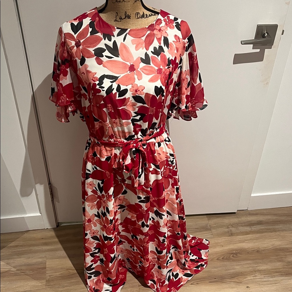 Kasper Red and Pink Floral Midi Dress